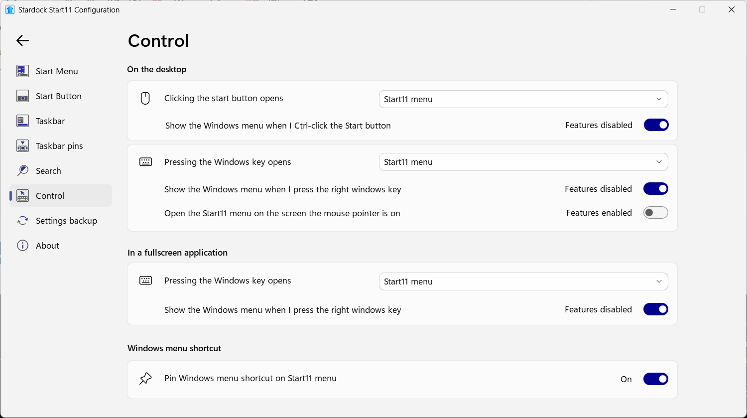 screen shot of settings