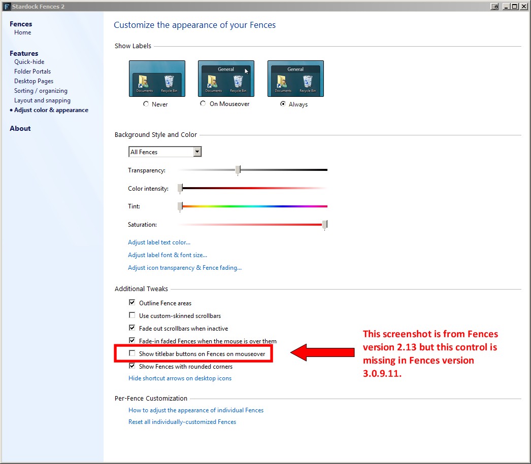 Example of Fences Configure menu from version 2