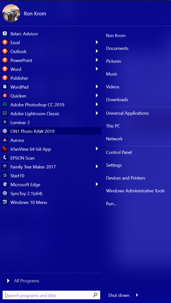 Start10 laptop menu with scaling 125%