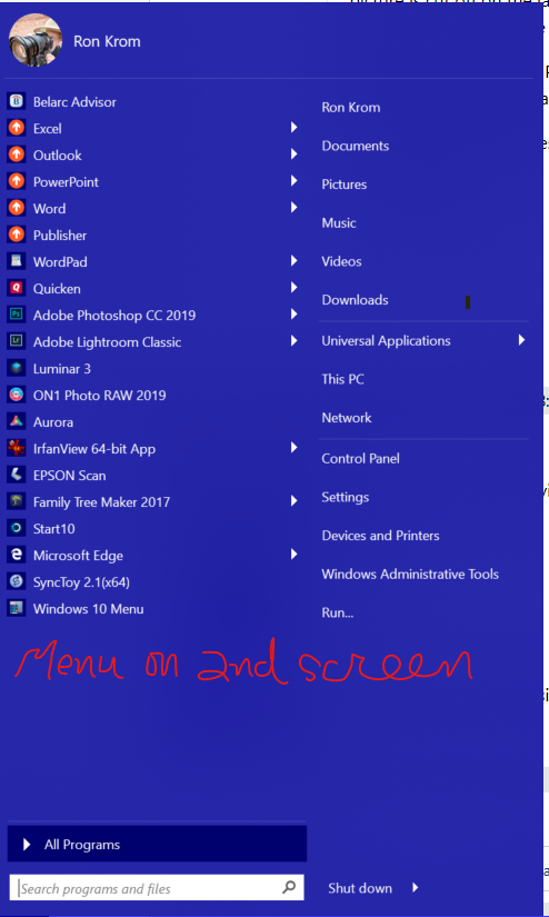 The Start10 menu when I click it on extended screen.