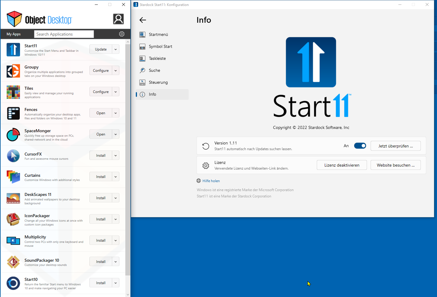 Screenshot of OD displaying: Start11: 'Update'