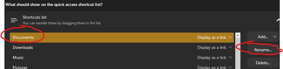 shortcut list menu names
