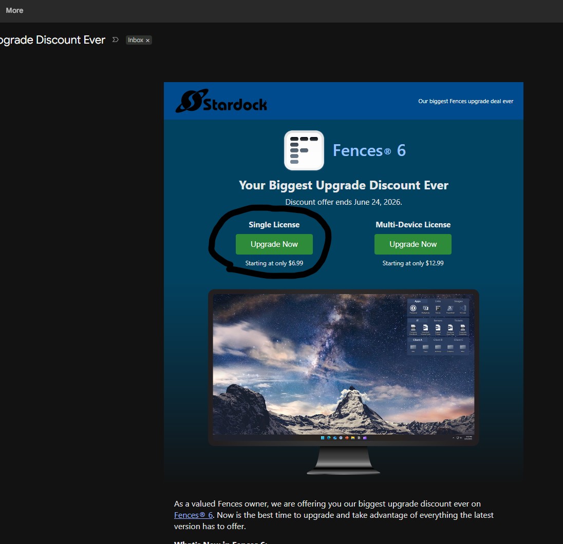 Email about the upgrade to version 6 for $6.99