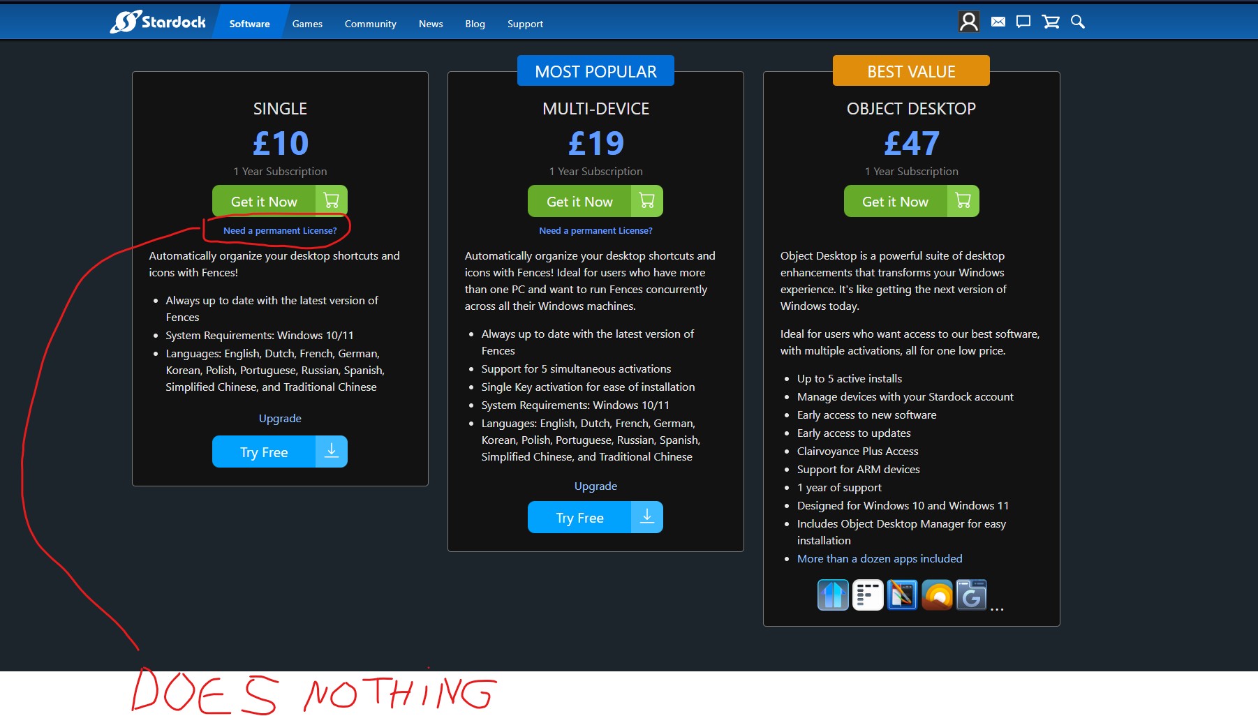 Permanent license link does nothing and price is suddenly £10 for the $6.99 advertised in the email.